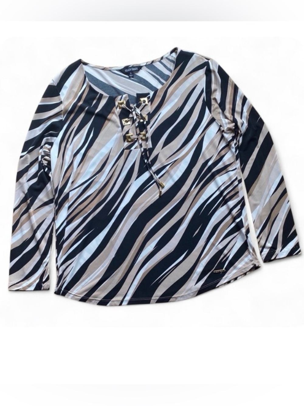 Ellen Tracy Zebra Print Lace Up V Neck Top Gold Eyelet Detail Long Sleeve Large
